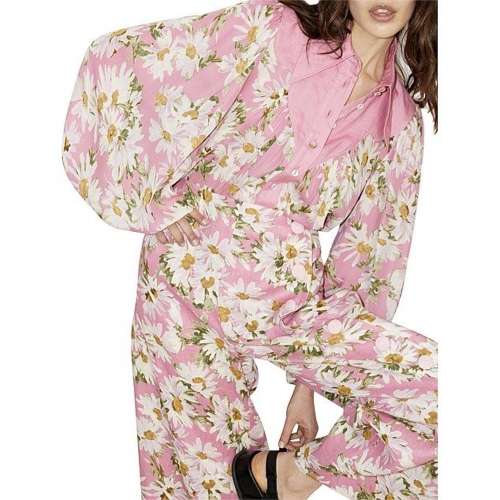 ALÉMAIS Pink Floral Daisy Silk Linen Blouse and Pants Maia Contrast Shirt US 8